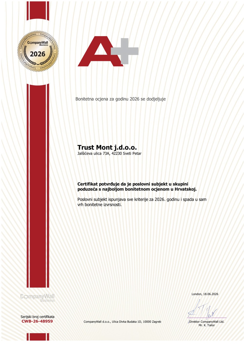 CompanyWall certifikat bonitetne izvrsnosti A+ - Trust Mont